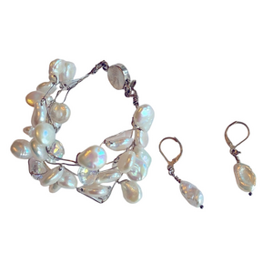 Silver White Crystal & Pearl Bead Bracelet Earring Set